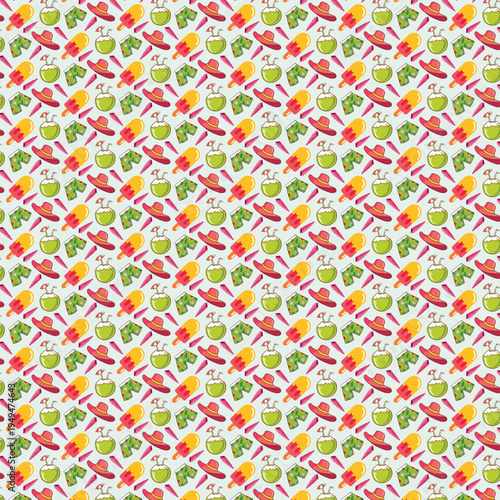 Colorful seamless pattern with mexicanthemed elements on light background