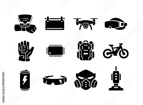 Cyberpunk street gadgets: holographic wrist device, neon sign board, drone camera, VR headset, smart gloves, data chip, urban backpack, e-bike, energy drink can, augmented reality