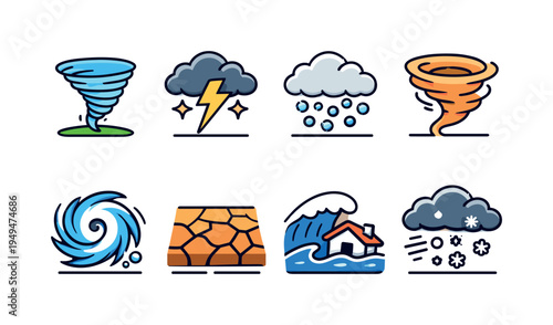 Extreme weather phenomena: tornado funnel, lightning bolt striking cloud, hailstorm cloud with ice pellets, desert dust storm swirl, ocean hurricane spiral, cracked drought ground