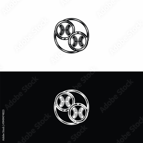 This abstract monochrome illustration features two stylized nested circles with intricate internal patterns, enclosed by a hand-drawn, grunge-like outer ring, presented