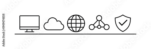 Online computing infrastructure and internet technology supporting data exchange, cloud services, and global digital connectivity, desktop computer monitor, cloud, network nodes