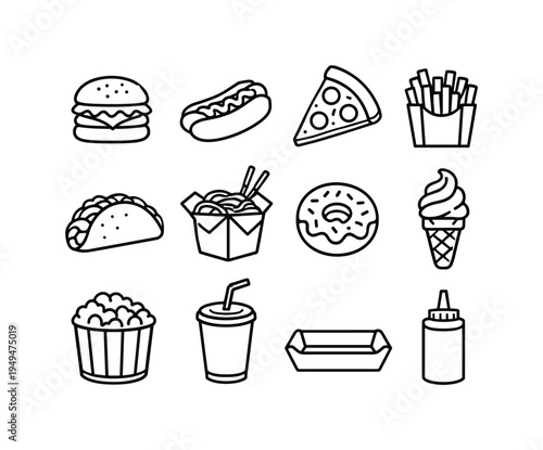 Street food and fast snacks: burger sandwich, hot dog, slice of pizza, french fries box, taco, takeaway noodle box with chopsticks, donut pastry, ice cream cone, popcorn bucket