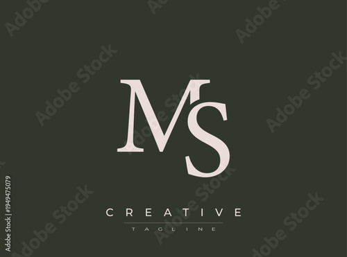 Monogram MS lettering with creative tagline on dark green background