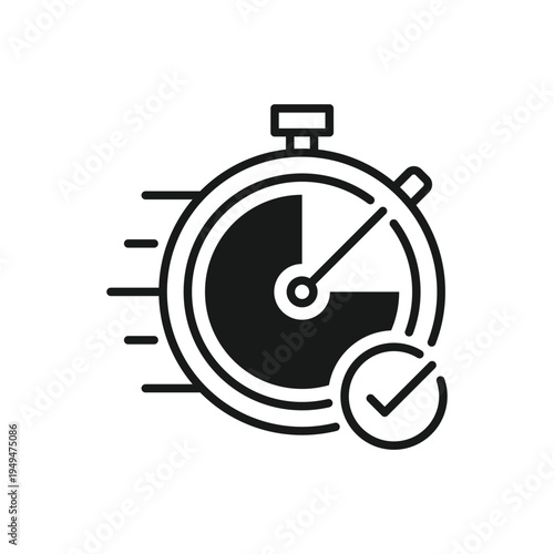 Stopwatch with checkmark, linear icon. Time management and deadline control. Line with editable stroke.