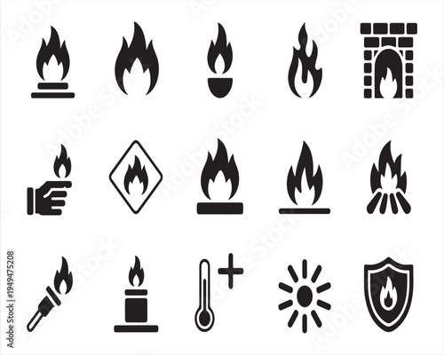 Fire and heat safety line icon set featuring flame, fireplace, torch, temperature, sun, protection shield, hazard warning and energy symbols minimal outline vector icons collection for emergency and s