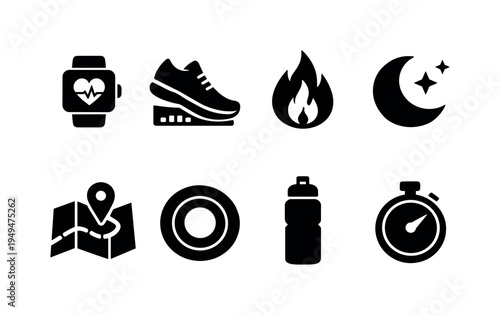 Smart fitness tracking: smartwatch heart rate, step counter shoe, calorie flame meter, sleep moon tracker, GPS running map, activity rings progress, hydration water bottle, workout