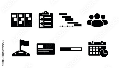 Project management workflow: kanban board, checklist clipboard, timeline gantt chart, team members group, flag milestone, task card, progress bar, calendar deadline