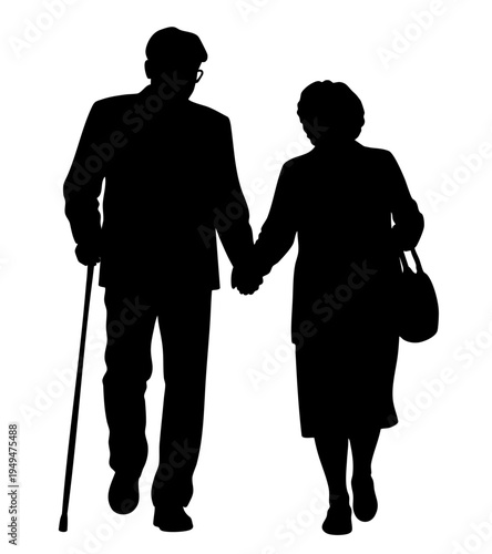 Elderly Couple Holding Hands Walking Together Silhouette Senior Love and Lifelong Marriage