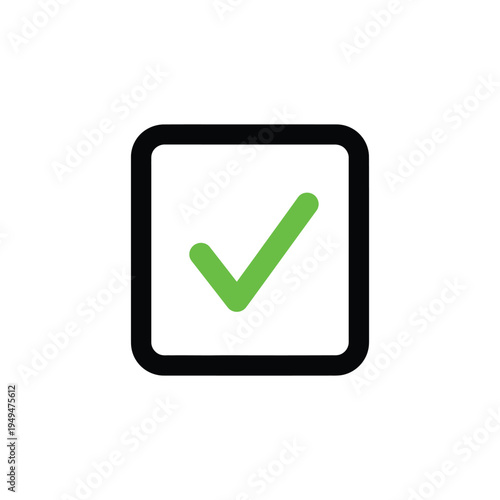 Green check mark inside black square box frame symbol for success or approval