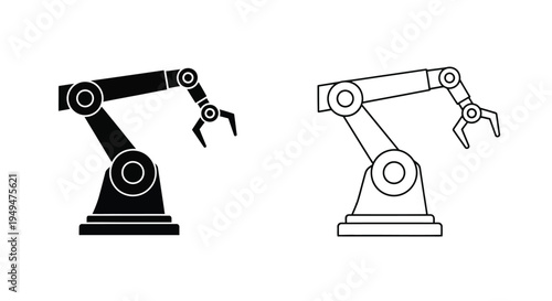 Two robotic arms depicted in black and white line art style