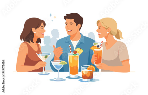 A social gathering and evening relaxation scene where friends enjoy refreshing beverages during a casual bar or restaurant moment, represented with sketch style cocktail glasses