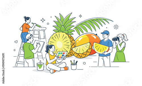 A vibrant food themed design concept where artists prepare a collection of tropical fruit visuals for packaging, menus, and lifestyle graphics inspired by warm climates and exotic