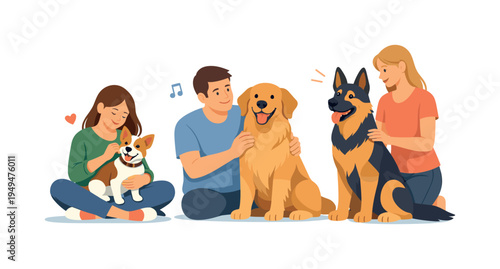 A friendly pet lifestyle concept illustrating the diversity of beloved domestic dogs in everyday companionship scenes, represented with three flat style dog breeds including a