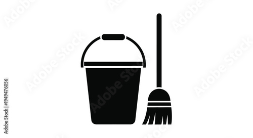 Simple black silhouette of a bucket and broom leaning together