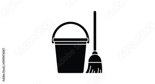 A simple black silhouette of a bucket and broom leaning together