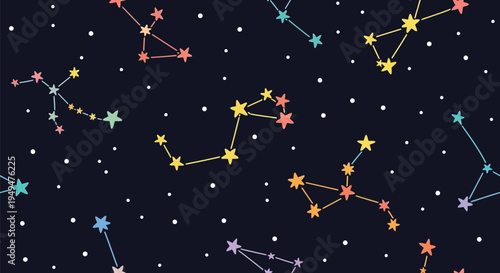 A vibrant and colorful illustration of constellations in a starry night sky with multiple bright stars.