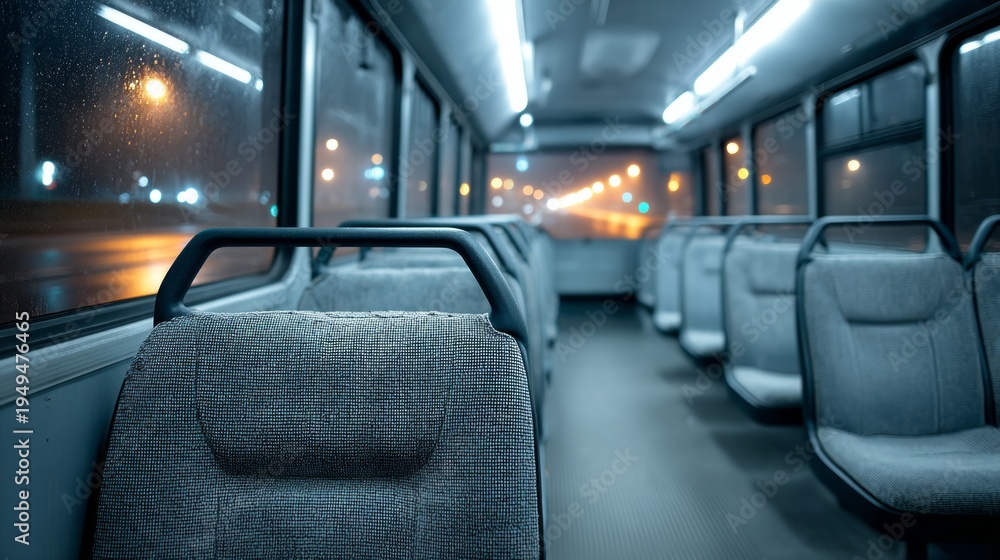 Obraz premium Solitary Passenger Sitting Alone in Night Bus Interior with Topaz Glow