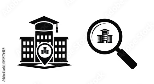 Black and white icons depicting education research and location