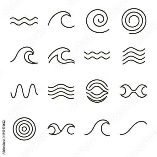 Collection of stylized wave icons and symbols in a minimalist line art style
