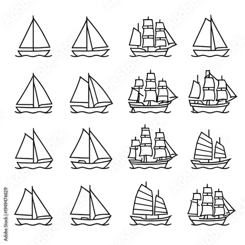 Collection of various sailing ship illustrations in a simple line art style