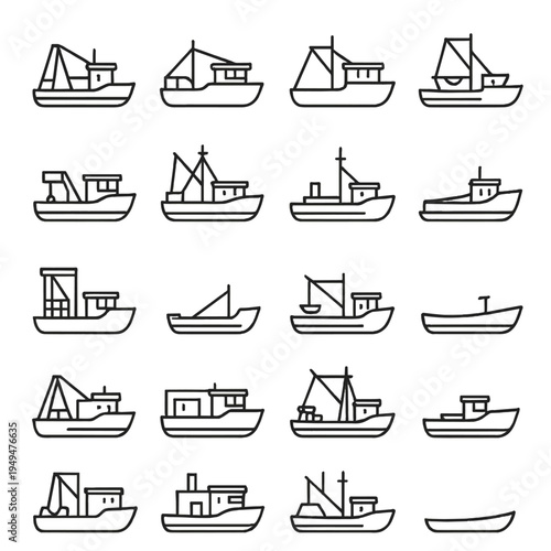 Collection of diverse fishing boat line art icons representing various maritime vessels