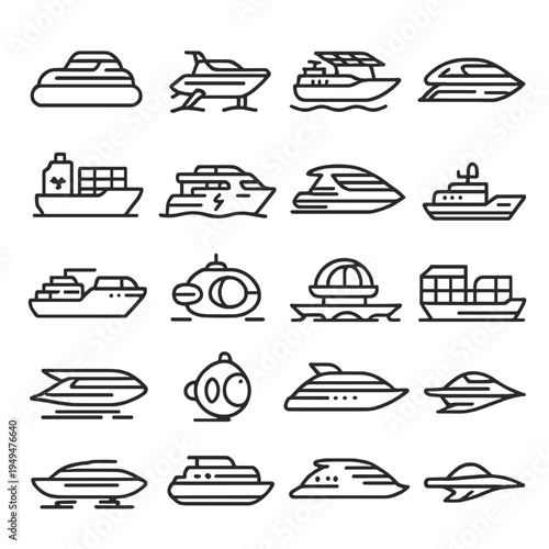 Variety of boat and ship icons in a minimalist line style