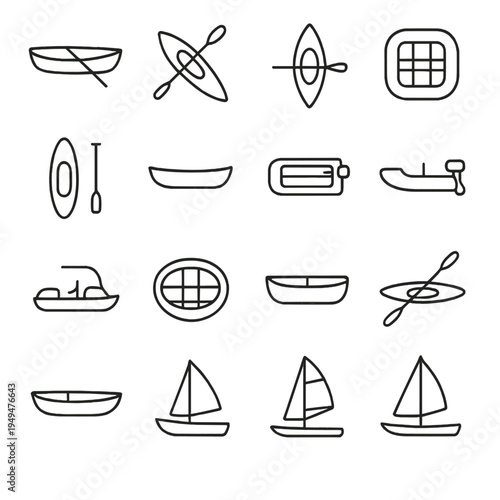 Collection of simple line art icons representing various watercraft and paddles