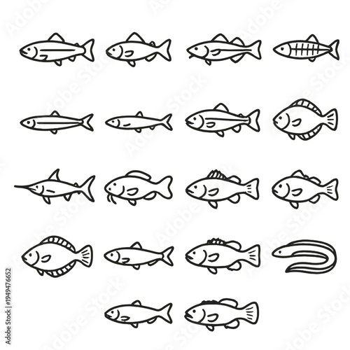 Collection of diverse fish species icons in a simple outline style