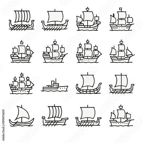 Collection of various historical and modern ship illustrations in a simple line art style