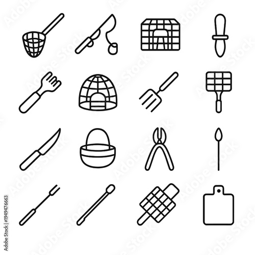 Collection of outline icons representing fishing and barbecue tools and equipment