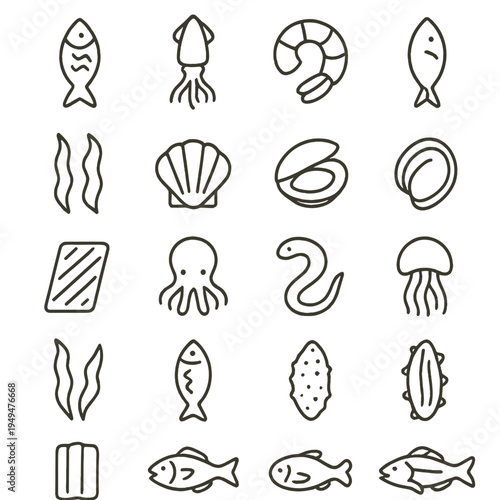 Collection of simple line art icons representing various seafood and marine life elements