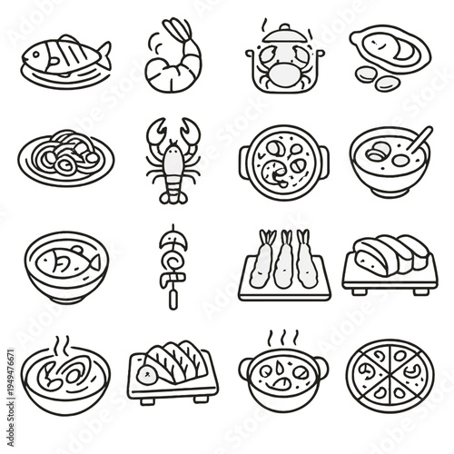 Collection of stylized seafood and Japanese food icons in a grid layout