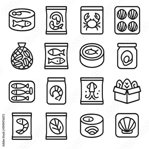 Collection of seafood and food icons in a clean, modern line art style