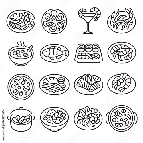 Collection of seafood and food icons in a clean, modern line art style