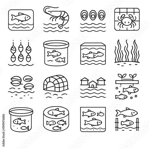 Aquaculture and seafood farming icons representing fish, shrimp, oysters, crabs, and seaweed cultivation