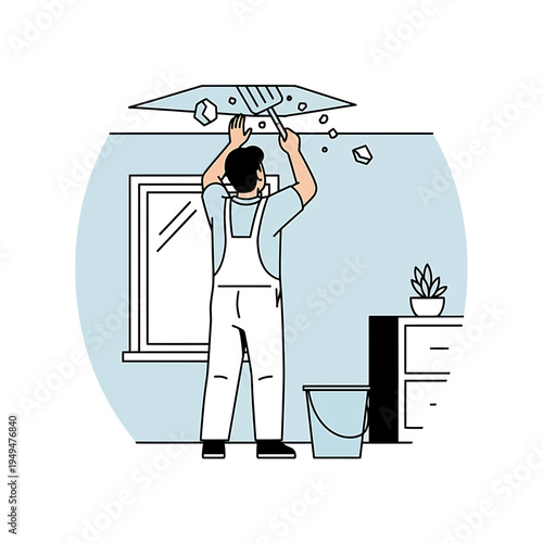 Man Repairing Ceiling Damage with Trowel