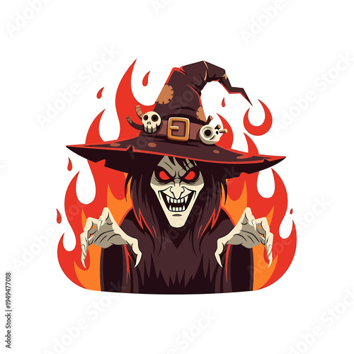 Creepy Witch with Burning Flames Halloween Illustration