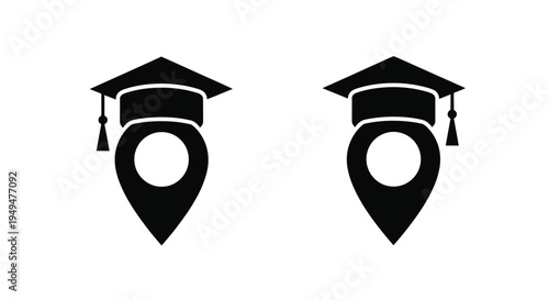 Two graduation cap icons combined with location pin symbols in black