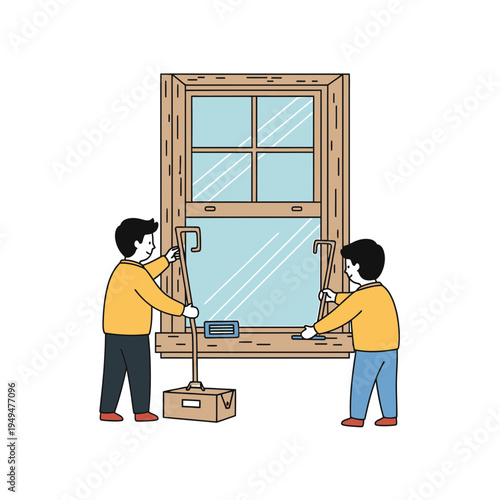 Retro Window Repair Two Young Men Working on Window