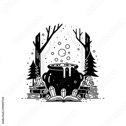 Witch's Cauldron in Forest Scene with Crystals and Books