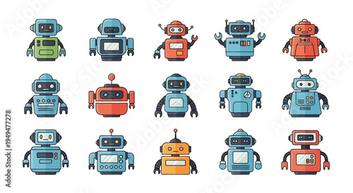 Collection of colorful cartoon robots isolated on white background