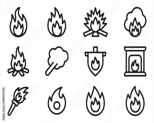 Fire and flame icon pack with campfire fireplace and torch symbols