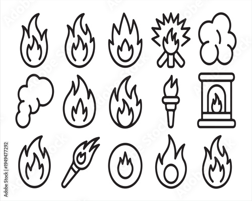Fire flame line icon set with heat burning and safety symbols