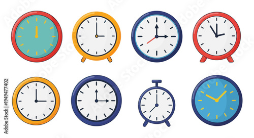 Collection of colorful clocks illustrations for time and punctuality concepts