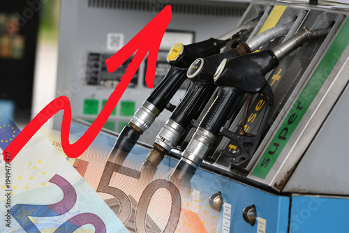 Gas pumps at a gas station with euro banknotes. Rising prices. Concept of rising gasoline and diesel prices due to the war in the Middle East.