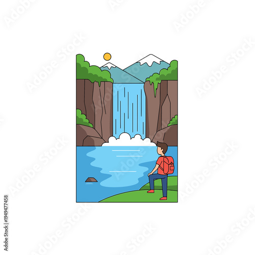 Man Watching Waterfall Scene