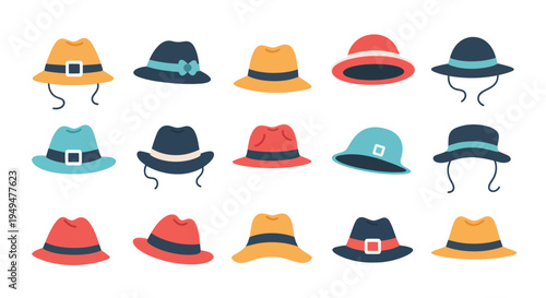 Collection of colorful hats various styles and designs isolated on white