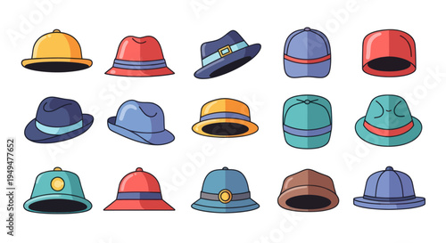 Collection of colorful hats various styles and designs on white background