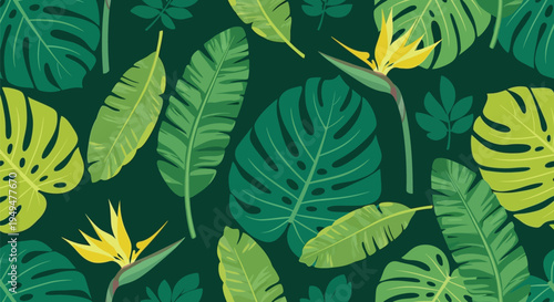 A vibrant illustration of various green leaves and yellow flowers on a dark green background