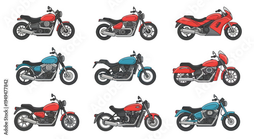 Collection of colorful motorcycle illustrations vector graphics set